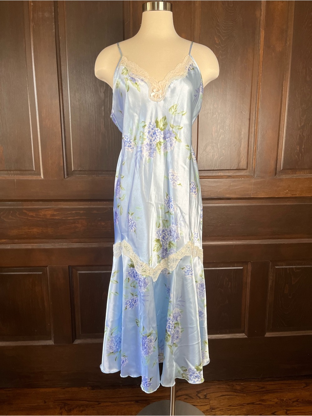 California Dynasty Silky Satin Gown Blue Floral Print Flounce Lace Trim Womens M
